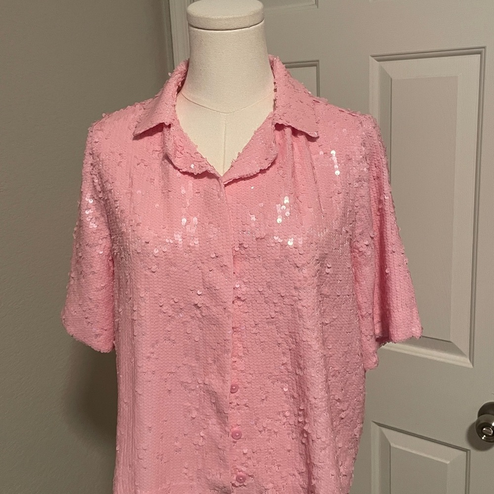 J. Crew Pink Sequin Short Sleeve Top - Picture 3 of 5
